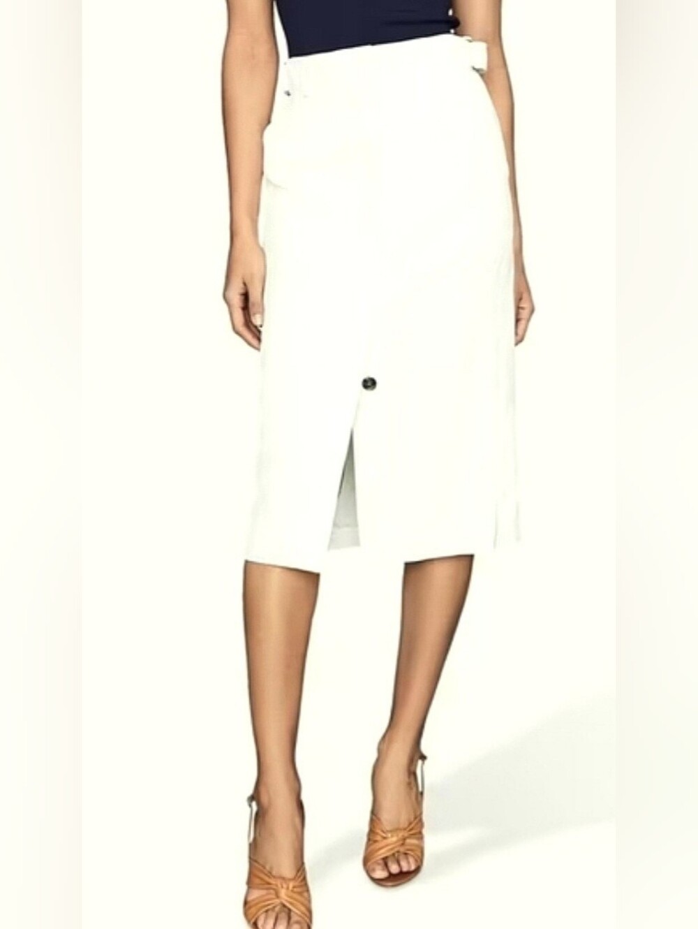 Reiss Katie Viscose Linen Blend White Midi Button Front Skirt, 2, Office Chic